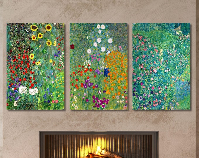 Gustav Klimt Flower Garden Triptych Canvas Print, Art Nouveau Sunflower Wildflower Poster