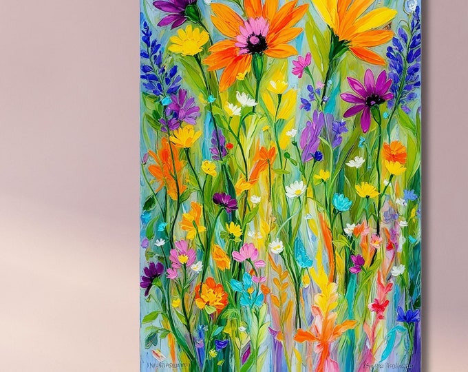 Klimt Style Wildflower Field Canvas Print: Vintage Botanical Landscape