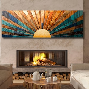 Abstract Sunset Panoramic Sun Canvas Art boho Decor for Above BedFamous Art,Large Wall Art, Minimalist Canvas Art, abstract Waves Line Art