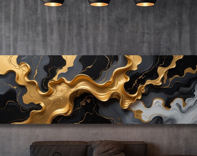 Panoramic Black and Gold Marble Wall Decor Abstract Canvas Wall Art,Marble Gold Art,Minimalist Art Marble Art,Vintage Art,Marble Gift art