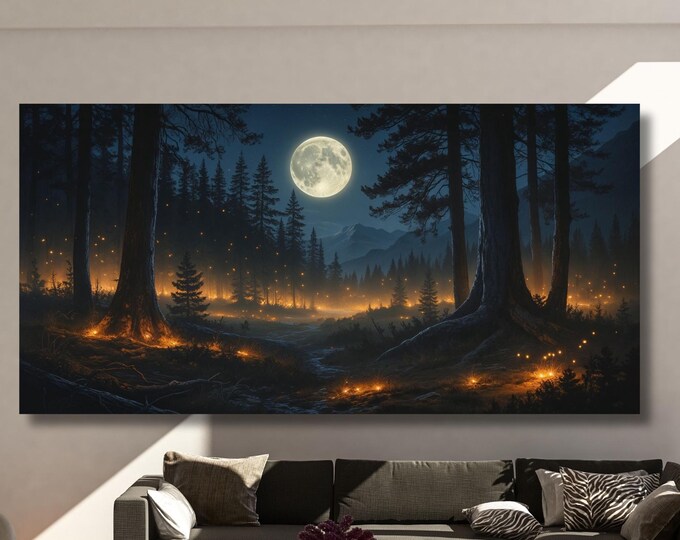 Mountain full moon Canvas Wall Art Firefly Klimt Print, Klimt Canvas Poster, Gustav Klimt Poster, Klimt Panoramic foggy Canvas Wall Art gift