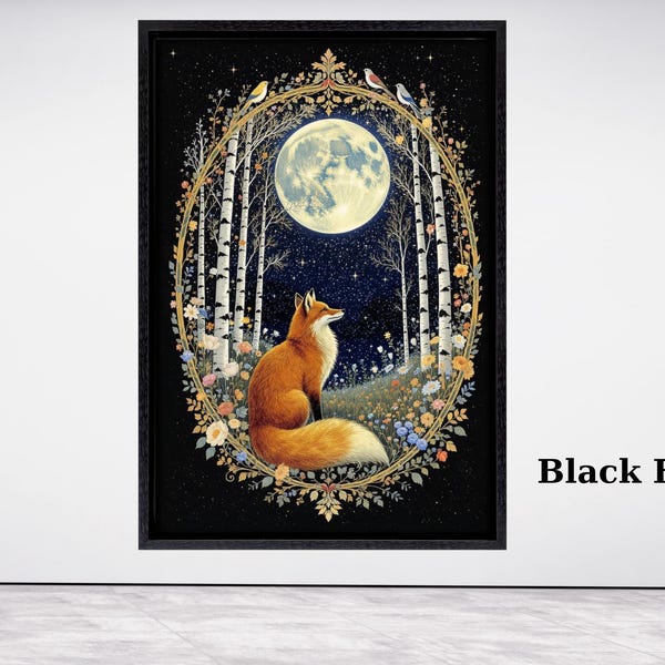 William Morris Moon & Stars Vintage Canvas Print, Enchanting Exhibition Poster, Magical Fox Art, Antique Textile-Inspired Wall Decor Gift