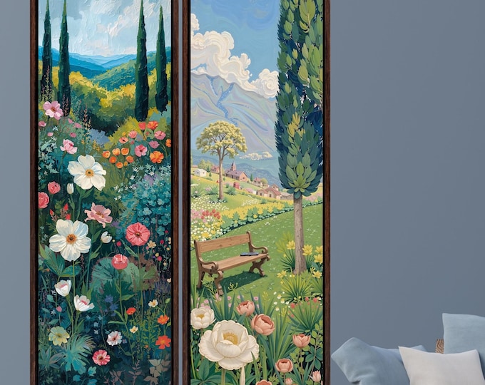 Set of 2 Long Narrow Klimt Inspired Botanical Landscape, Horizontal Large Framed Canvas Art, Oversize Nature Print with Elegant Wood Frames,