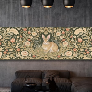 William Morris Style Rabbit in Wildflower Meadow Canvas Dark Floral Woodland Animal Art Rustic Botanical Print for Cottage Nursery Decor art