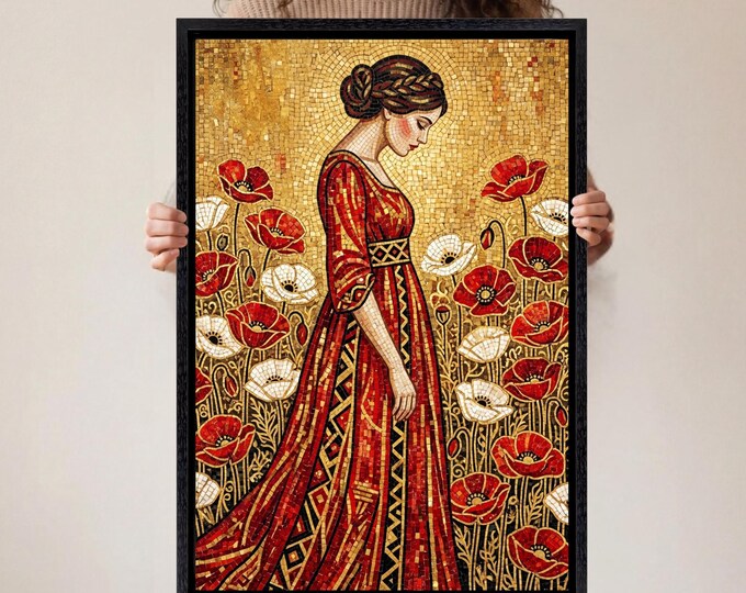 Klimt Inspired Red Dress Woman Mosaic Art, Poppy Flower Canvas Print