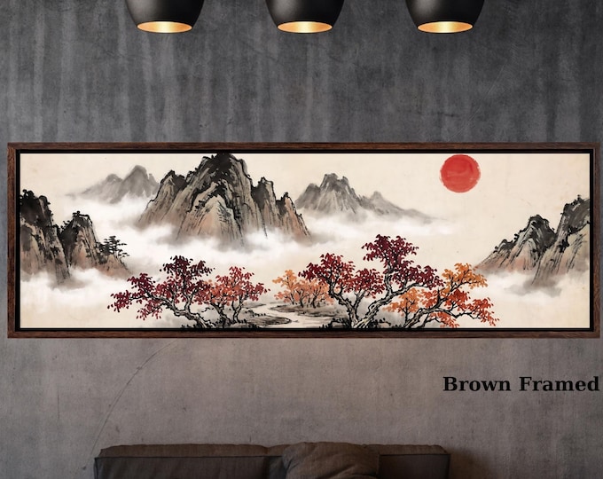 Panoramic Japanese Mountain Landscape Wall Art – Vintage Asian Red Sun Framed Horizontal Print