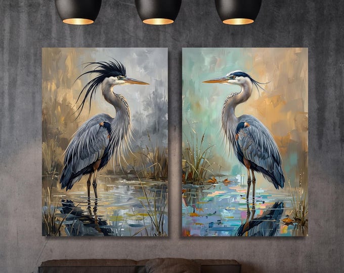 Set of 2 Blue Heron Canvas Prints: Expressionist Coastal Bird Painting (Ready to Hang)