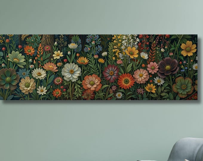 Botanical Garden Wildflowers Pattern Canvas Wall Art Botanical Ready to Hang Horizontal Decor Extra Large Wall Art Framed Art Home Poster