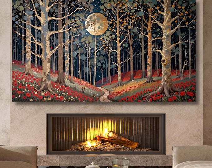 Flower Garden Flower Moon canvas, Moonlit Pine Tree Forest wall Art, Full Moon Wildflower Print, Rustic Mountain Art, Woodland Klimt Gift
