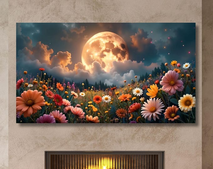 Full Moon Wildflower Canvas, Flower Garden Flower Market canvas, Moonlit Pine Tree Forest wall Art, Rustic Mountain Art, Woodland Klimt Gift