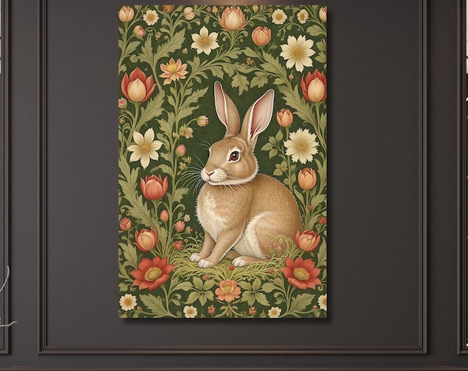 William Morris Style Rabbit in Wildflower Meadow Canvas Dark Floral Woodland Animal Art Rustic Botanical Print for Cottage Nursery Decor art