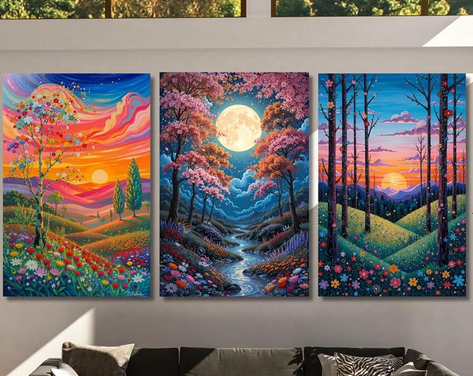 Set of 3 Gustav Klimt Style Night Moon & Sun Canvas, Golden Stars Wall Art, Modern Gold Flowers Night Sky Print, Celestial Bedroom Decor Art