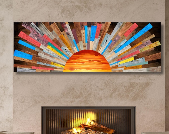 Boho Sunrise Wood Look Canvas Wall Art – Rustic Sun Print for Bedroom Home Decor