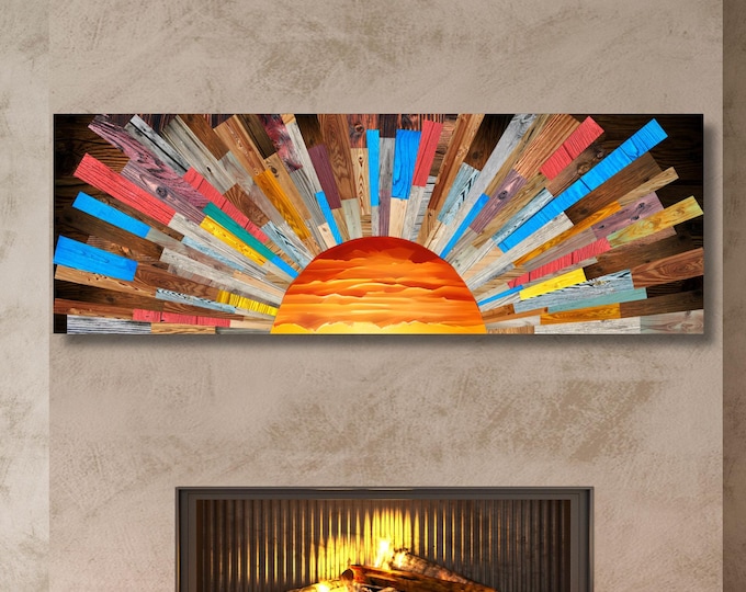 Boho Sunrise Canvas Wall Art – Wood Look Sun Print for Bedroom or Office – Natural Above Bed Decor – Earthy Bohemian Home Gift Print art