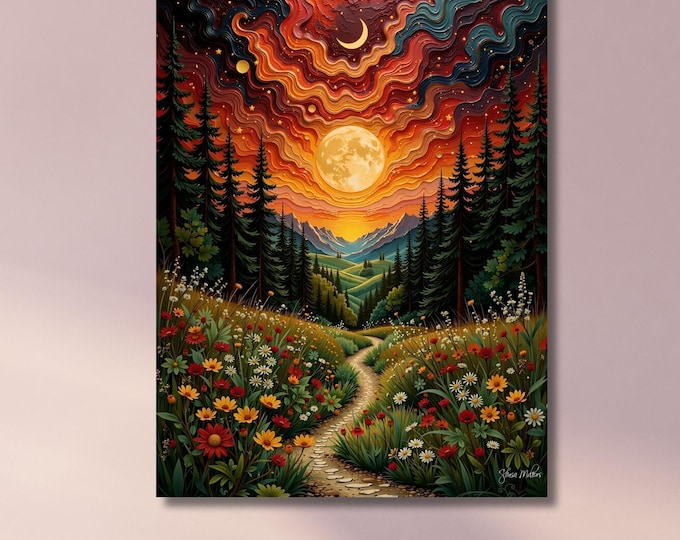 Flower Garden Moon Canvas Wall Art Klimt Inspired Floral Landscape Romantic Gold Style Print Boho Nature Decor for Home decor Klimt Wall Art