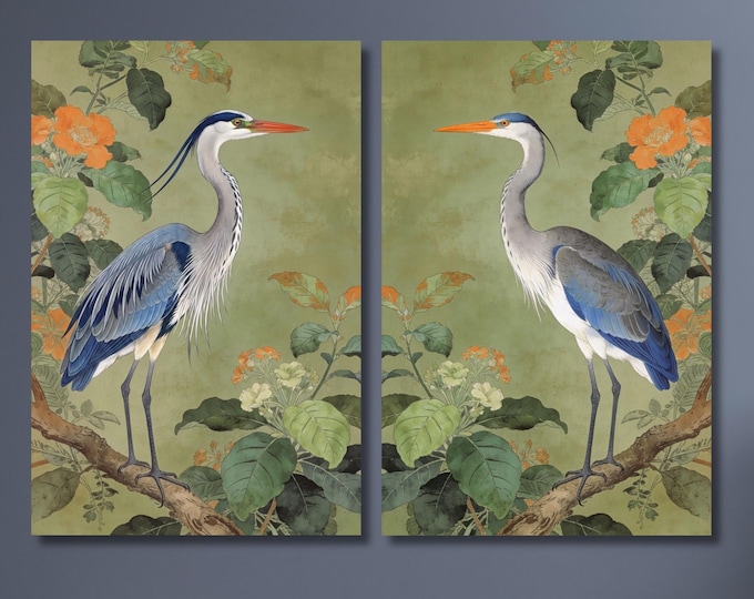 Set of 2 Blue Heron Canvas Prints: Expressionist Coastal Bird Painting (Ready to Hang)