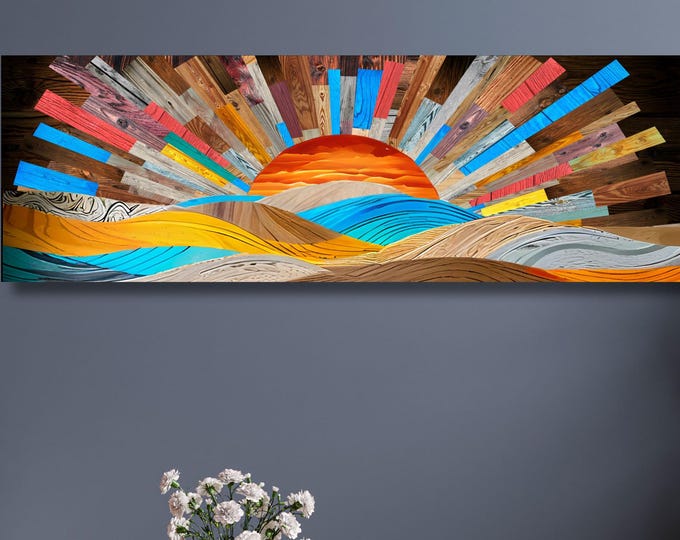 Sunrise Wood Look Canvas Wall Art Rustic Above Bed Decor Sunlight Print for Bedroom or Office – Natural Gift Idea for Home Lovers Print gift
