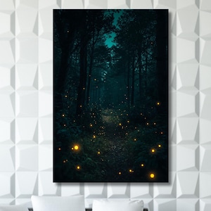 Twilight Forest Canvas Wall Art Enchanted Path Print with Glowing Fireflies Mystical Woodland Scene for Bedroom or Living Room Wall Decor