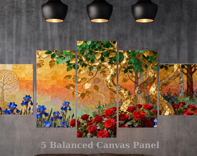 5 Piece Gold Tree of Life Canvas Set, Klimt Style Red Roses & Blue Irises Wall Art, Multi Panel Framed Luxury Decor, Large Floral Mural Gift