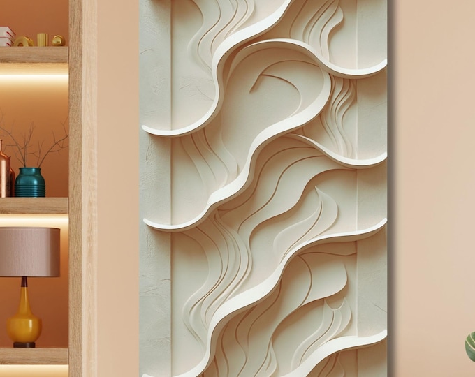 Long Vertical Abstract Canvas Art, Modern Paper Cut Style Wall Decor, Minimalist 3D Effect Mural, Flowing Lines Aesthetic Print