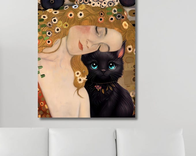 Gustav Klimt Inspired Mother and Cat Canvas – Whimsical Art Nouveau Style Wall Art – Cozy Decorative Print for Home or Nursery poster canvas