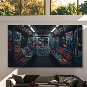 Graffiti Subway Train Canvas Print, Urban Street Art Wall Decor, Industrial NYC Pop Art, Modern Graffiti Wall Art, Framed Canvas Poster art