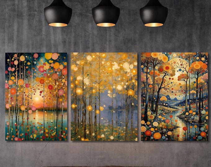 Set of 3 Gustav Klimt Night Canvas Wall Art Klimt style Klimt Moon Stars Canvas Wall Art Modern Living Room Gold Flowers Night Sky wall art