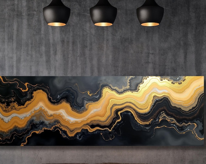 Panoramic Black and Gold Marble Wall Decor Abstract Canvas Wall Art,Marble Gold Art,Minimalist Art Marble Art,Vintage Art,Marble Gift art