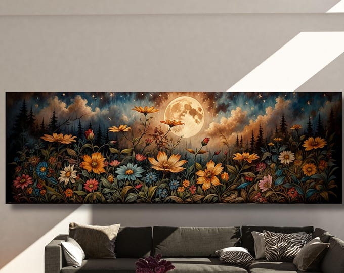 Full Moon Wildflower Canvas, Flower Garden Flower Market canvas, Moonlit Pine Tree Forest wall Art, Rustic Mountain Art, Woodland Klimt Gift