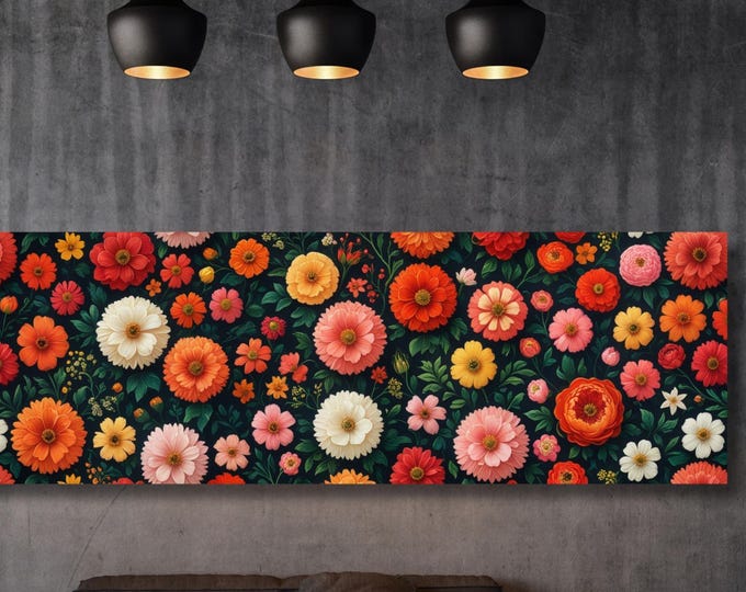 Botanical Garden Wildflowers Pattern Canvas Wall Art Botanical Ready to Hang Horizontal Decor Extra Large Wall Art Framed Art Home Poster