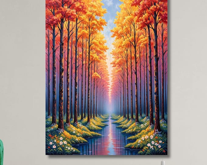 Sunset Mountain Landscape Wildflower Canvas, Flower Garden Flower Market canvas, Moonlit Pine Tree Forest wall Art Rustic Sun Art Klimt Gift