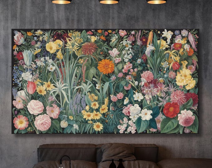 Wildflower Garden Canvas Art,Gustav Klimt Style Woodland Print,Rustic Floral Wall Decor,Vertical Meadow Landscape, Whimsical Nature Wall Art