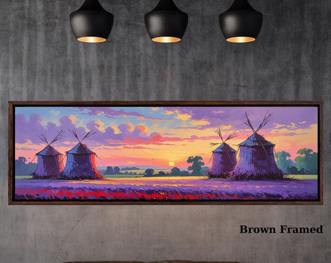 Panoramic Impressionist Haystacks Sunset Canvas Wall Art – Colorful Rural Landscape Oil Painting