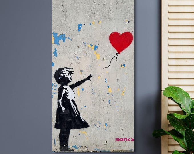 Long Narrow Banksy Girl with Balloon Canvas Wall Art - Street Art Graffiti Decor - Modern Living Room Print - Iconic Balloon Girl Replica