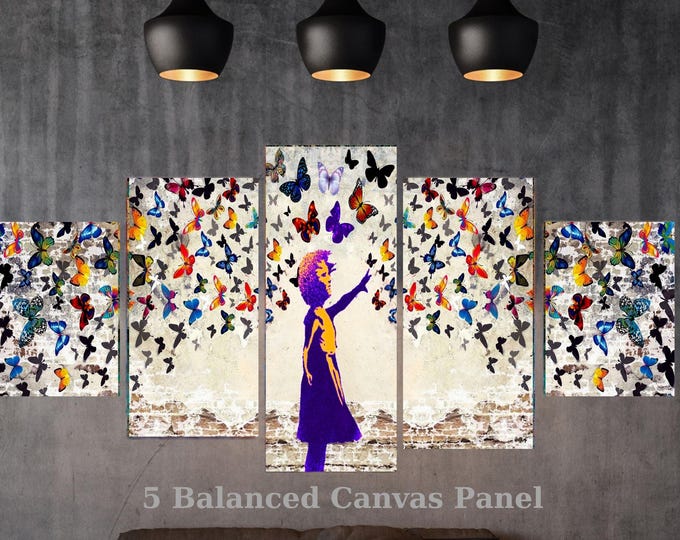 5 Piece Colorful Butterflies Canvas Wall Art, Banksy Inspired Child Silhouette Decor, Multi Panel Framed Ready to Hang Modern Street Art Set