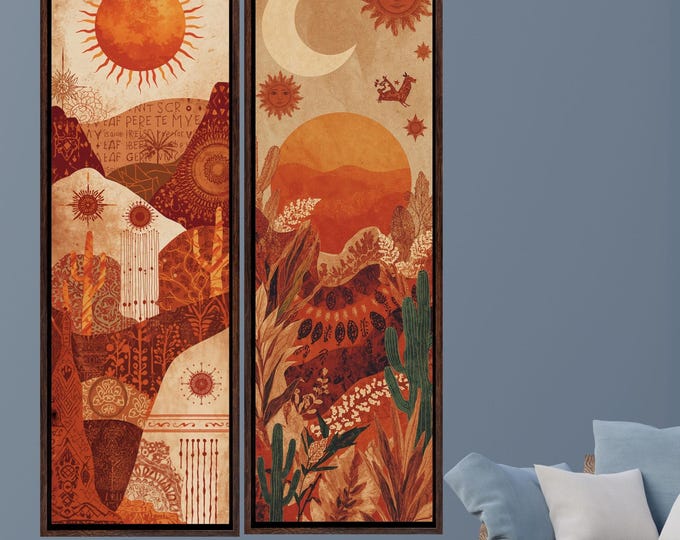 Set of 2 Long Narrow Klimt Inspired Botanical Landscape, Horizontal Boho Sun Moon Star Canvas Wall Art – Mystical Celestial Bohemian Decor