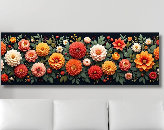 Botanical Garden Wildflowers Pattern Canvas Wall Art Botanical Ready to Hang Horizontal Decor Extra Large Wall Art Framed Art Home Poster