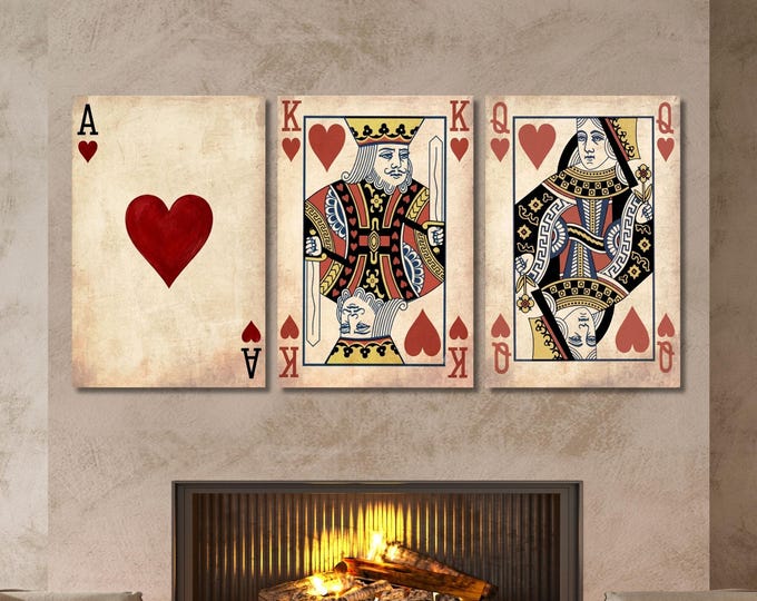 Poker Cards Canvas Wall Art Set of 3, Vintage Ace King Queen of Hearts Print, Game Room Decor Triptych, Playing Cards Canvas Poster Set