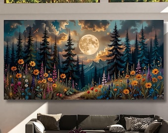 Forest Wildflowers Canvas Wall Art, Moonlit Pine Tree Forest Wall Art, Rustic Forest Painting, Full Moon Wall Art Painting Vintage Forest