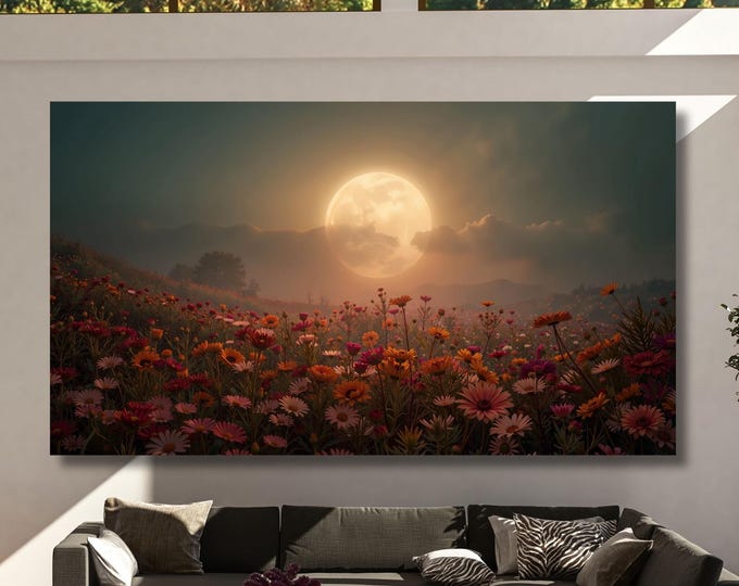 Full Moon Wildflower Field Canvas Print: Rustic Mountain Art