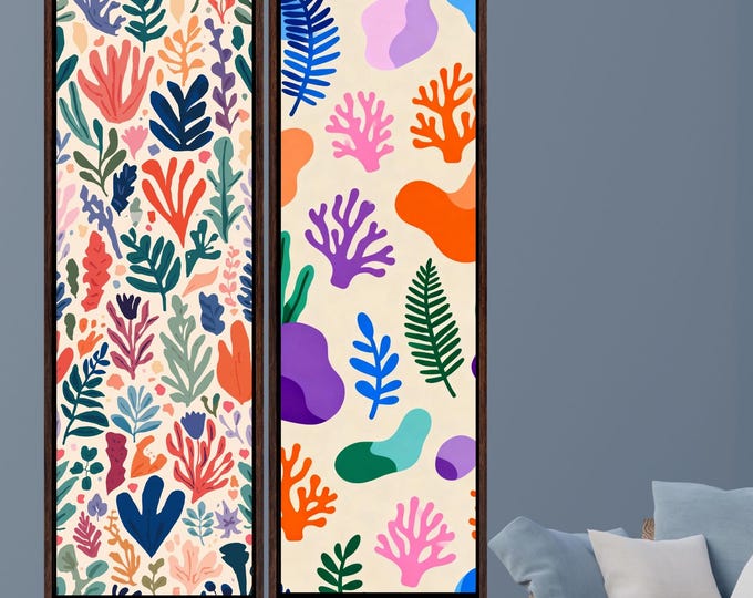Set of 2 Long Narrow Canvas Wall Art Henri Matisse Style Colorful Flowers Canvas Print – Modern Floral Wall Art Decor