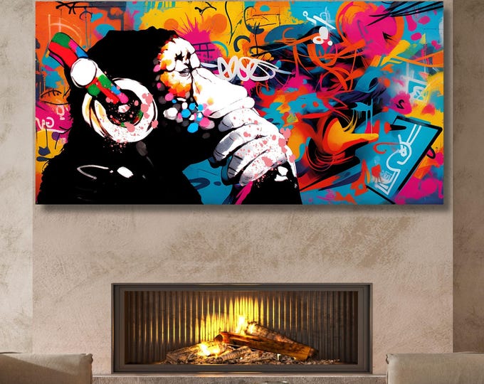 Banksy DJ Monkey Canvas Wall Art Banksy Thinking Monkey Music Thinker Graffiti Wall Art Extra Large Wall Art Gorilla Chimp Ready to Hang