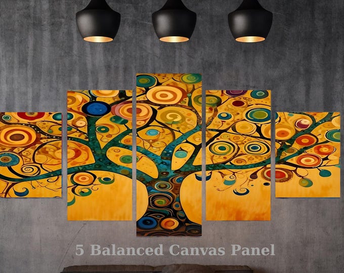 5 Piece Tree of Life Canvas Wall Art, Klimt Style Abstract Golden Tree, Multi Panel Framed Ready to Hang Decor, Luxury Housewarming Gift