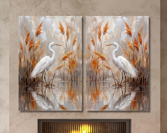 Unique Housewarming Gift Bird Lover Canvas, White Heron Masterpiece Set of 2, New Home Living Room Art, Coastal Bird Fine Art Poster