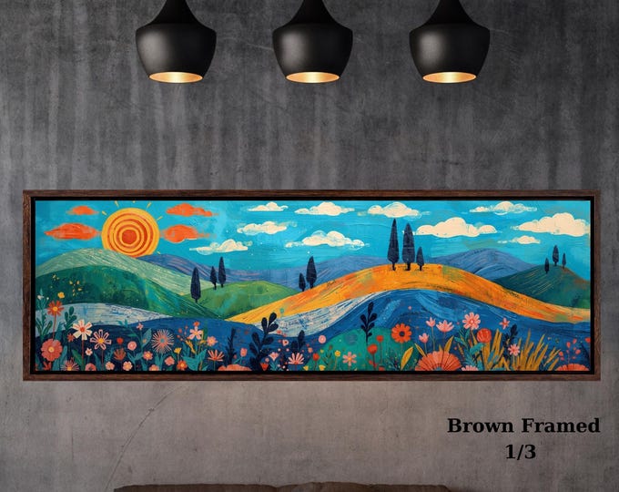 Panoramic Sun Landscape Canvas Wall Art, Framed Canvas Japanese Style Mid Century Exhibition Japandi Print,  Large Modern Living Room Decor