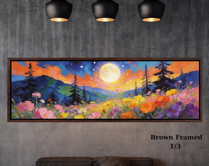 Panoramic Sun Landscape Canvas Wall Art, Framed Canvas Japanese Style Mid Century Exhibition Japandi Print,  Large Modern Living Room Decor