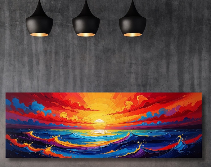 Panoramic Sun Landscape Canvas Wall Art,Framed Canvas Japanese Style Mid Century Exhibition Long Narrow Print,Large Modern Living Room Decor