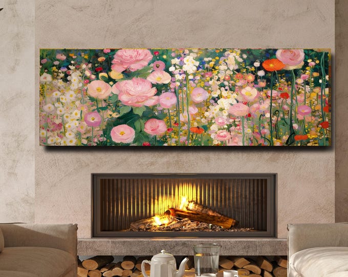 Gustav Klimt Inspired Flower Garden Canvas Wall Art, Panoramic Wildflower Meadow Painting, Floral Impressionist Decor, Large Horizontal Art