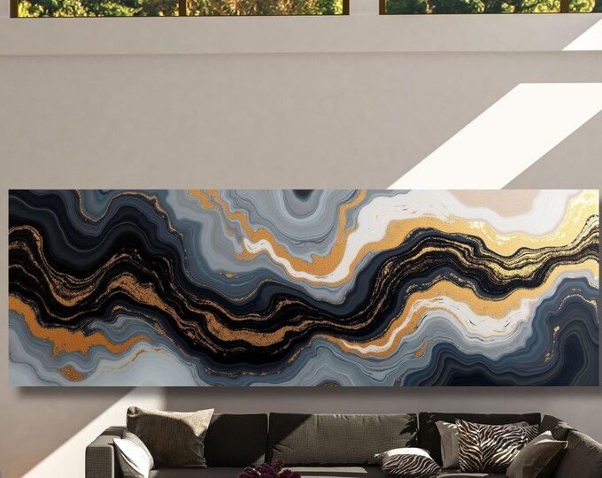 Panoramic Abstract Canvas Wall art, White Yellow blue Marble Canvas, Luxury Art, Abstract Decor, Abstract wall art Canvas, Contemporary Art