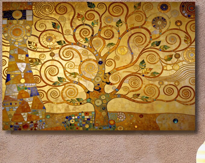 Modern Klimt Style Tree of Life Canvas Art, Gold Abstract Tree Mural, Contemporary Art Nouveau Decor, Unique Masterpiece Print
